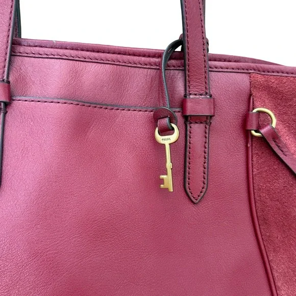 Fossil Charli Leather and Suede Tote Bag Triple Compartment Red Shoulder Bag - Picture 4 of 16